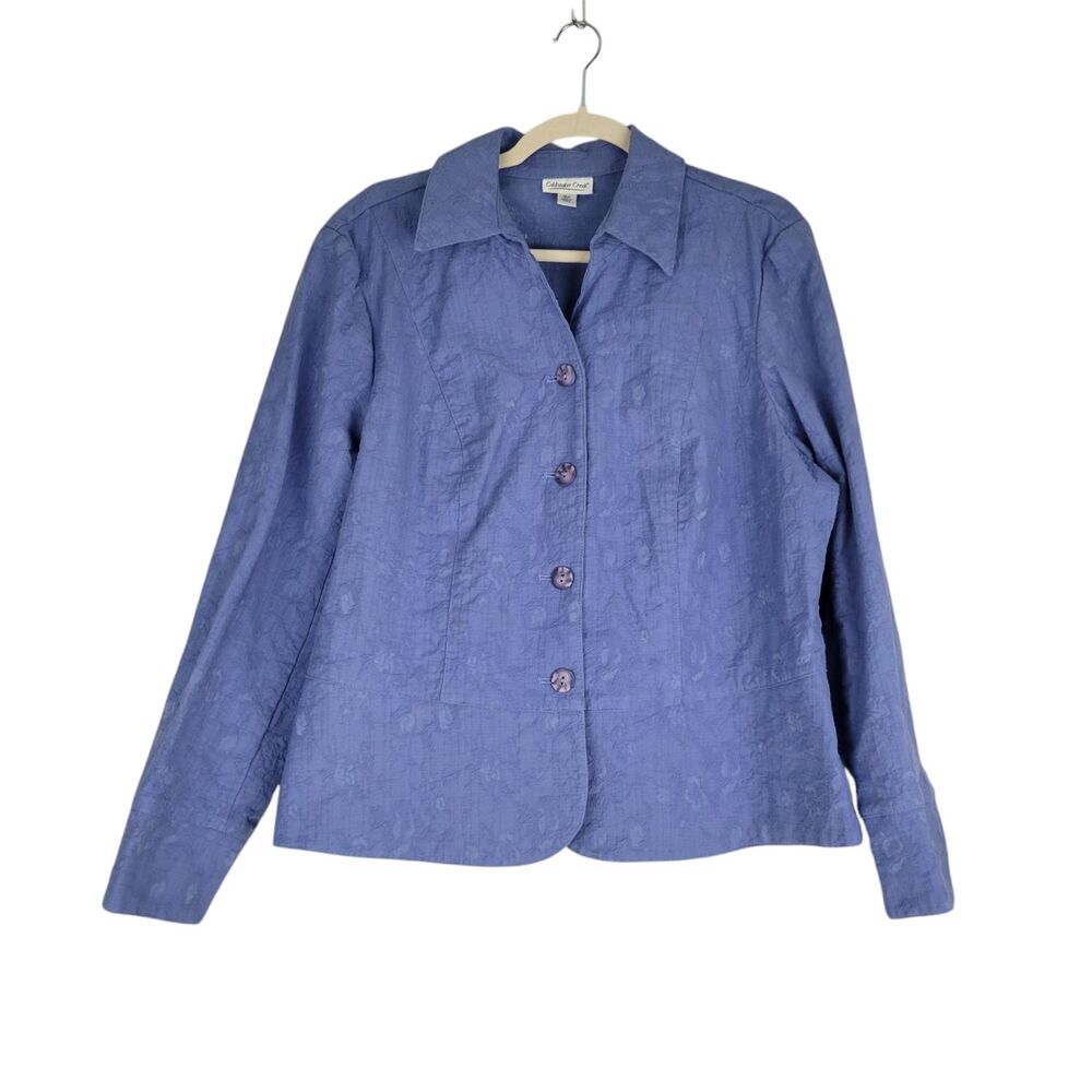 Coldwater Creek Womens 18W Purplish Blue Front Button Jacket Embroidered Pockets